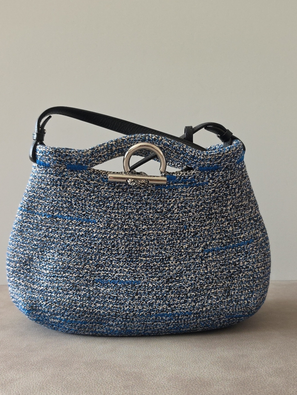 Balenciaga Zigzagger Woven Tote Bag Blue Black Tweed Fabric Leather Trim Bag